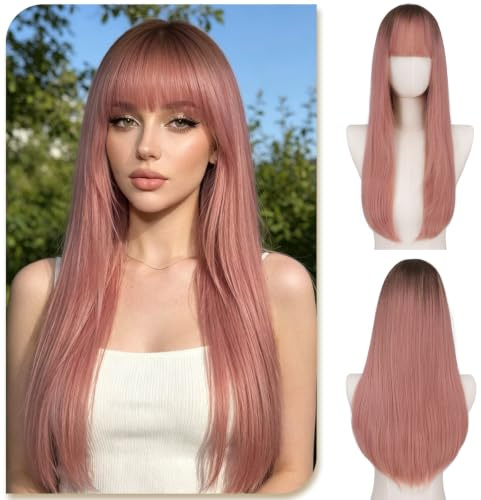 Sofeiyan Pelucas Mujer pelo Natural,60 cm Peluca pelo Largo con Flequillo | Pelucas Lisa,Sintética Resistente al Calor Peluca Natural Elegante para Diarios Citas Fiesta,Rubio Rosado