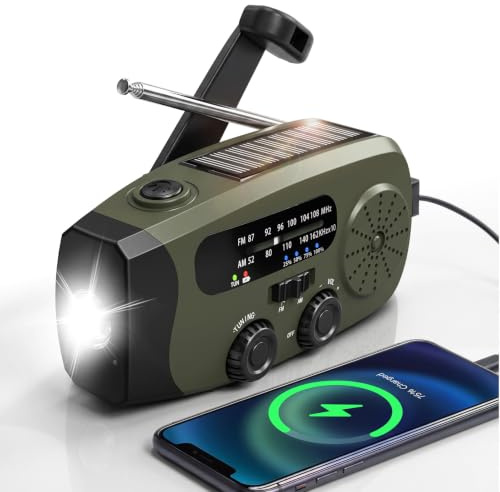 Notfall Kurbel Radio, 2000mAh/7400mWh Akku Kurbelradio Solar Batterie Power Bank USB AM/FM Radio mit SOS-Alarm Taschenlampe, 3-Wege-Laden Notfallradio, Innen Außen Camping Klein Taschenradio