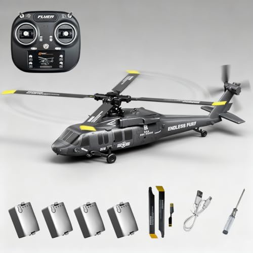 SpedUpX K200 6CH RC Hubschrauber mit Optical-Flow-Positionierung, Brushless Direktantrieb, Barometrische Höhenhaltung, Kunstflug mit Invertflug, Simulationsmodell(Grau/4 Batterien)