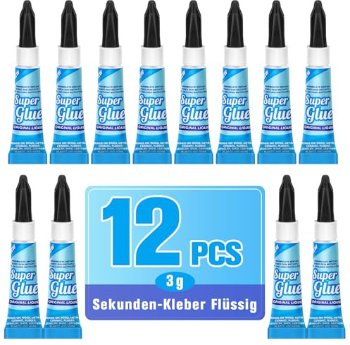 Sekundenkleber Extra Stark Flüssig – 12 × 3 g Super kleber Wasserfest, Schnell & Transparent – für Alles Holz, Keramik, Metall, Glas, Modellbau– für Reparaturen in Haushalt, Werkstatt & Bastel