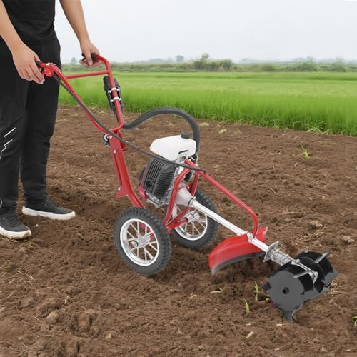 Bensin motorhacka 63 CC, 4-takts 4 hk trädgårdfräs jordhacka odlare klippgolvfräs | med hjul | motorhacka för jordbearbetning | 10 cm odlingsdjup | linstartare 240 varv/min