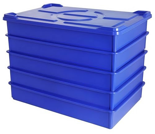 EASYROSE 5 Pack Stackable Pizza Dough Proofing Box with Lid, 60 x 40 x 9.5cm Plastic Dough Tray Container, Commercial Bread Proofing Boxes - Blue (5 Trays + 1 Lid)