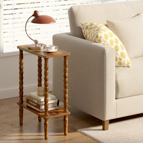 TUTOTAK Narrow Side Table, 2-Tier Small End Table with Storage, Slim Skinny Nightstand for Small Spaces, Living Room, Bedrooms, Rustic Brown TB01BB001EU