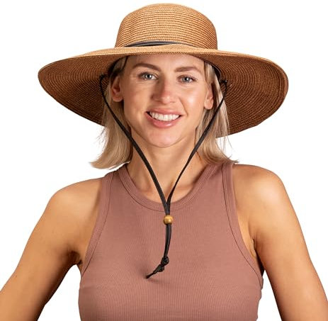 Sloggers, geflochtener Damen-Sonnenhut mit breiter Krempe und Windband, UPF 50+ maximaler Sonnenschutz, Dunkelbraun, Medium