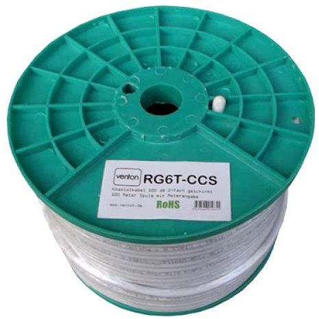 Venton Sat Kabel Coaxial Kabel RG6T-CCS 100 m I Antennenkabel 100 dB max. I 4fach geschirmter HQ digital HD 4K 3D Kupfer Innenleiter I Fernsehkabel Koaxkabel für DVB-S2 -C -T2 -BK Anlagen