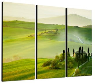 Morgen in der Toskana grüne Landschaften 3x40x90cm dreiteiliges Wandbild auf Leinwand und Keilrahmen fertig zum aufhängen - Unsere Bilder auf Leinwand bestechen durch ihre ungewöhnlichen Formate und den extrem detaillierten Druck aus bis zu 100 Megapixel hoch aufgelösten Fotos.