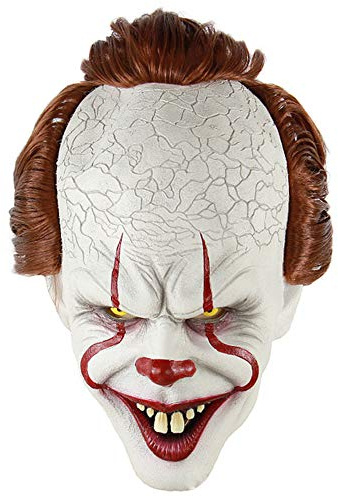 LePyCos Stephen King's It-mask med hemsk blodig mun och hår Pennywise clown skrämmande halloweendräkt
