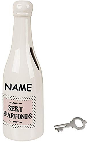 alles-meine.de GmbH große Spardose - Sekt - Sparfonds - inkl. Name - mit Schlüssel und Schloss - stabile Sparbüchse - Sektflasche - aus Porzellan/Keramik - Verschluss - 20,5 cm..