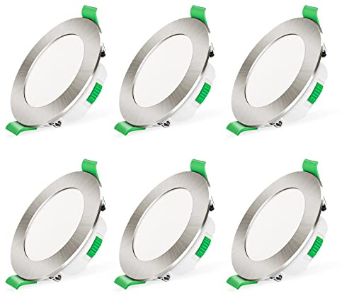 ALUSSO 3CCT LED Downlights Ceiling Dimmable 7W IP44 Cutout 67-75MM 6 Pack | Ultra Slim Recessed Ceiling Lights, Color Temperature Selectable 3000K 4000K 6500K Bathroom Kitchen Spotlights, Round Nickel