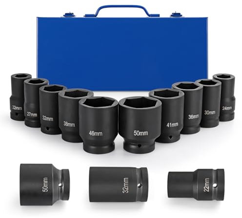 Trintion 10Pcs Impact Socket Set 1 Inch Metric Large Socket Set 22mm to 50mm Deep Wrench Sockets Drive Shaft Auto Car Tool Set with Plastic Storage Box for Vehicles Maintenance
