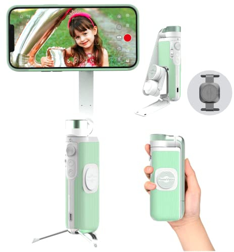 PowerVision S1,Smartphone Gimbal 3-Achsen-Stabilisator für Handys mit kabellosem Laden, Gesichtserkennung, Gestensteuerung, tragbarem Design Stabilisierung für YouTube/TikTok/Vlog(Explorer Kit, Grün)