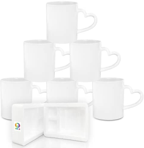 MR.R Sublimation Blanks - Tazas de café de cerámica blanca de 325 ml, taza clásica de cerámica en blanco con mango de corazón para leche, té, agua de cola, juego de 6