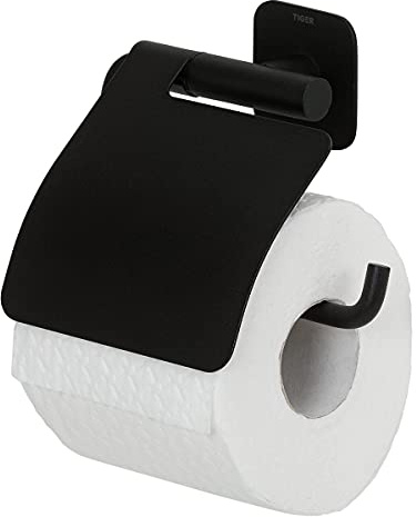 Tiger Colar Toilettenpapierhalter mit Deckel zum Kleben, Edelstahl, Schwarz pulverbeschichtet, mit integrierter Klebefolie zur Montage ohne Bohren 1314130746 14,6x13,3x3,5 cm