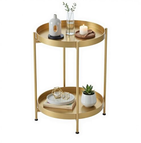 H HOMEWINS Metall Beistelltisch Rund Gold Sofatisch mit Abnehmbare Tablette Ø40 x H50 cm Couchtisch Nachttisch für Wohnzimmer Schlafzimmer Büro