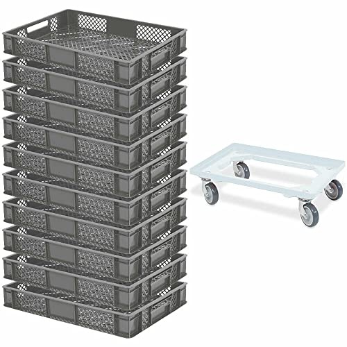 BRB 10 Eurobehälter, LxBxH 600x400x90 mm, Industriequalität, lebensmittelecht + 1 Transportroller (grau/weiß)