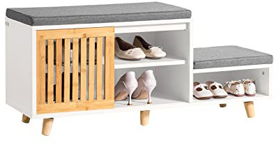 SoBuy FSR125-WN Schuhbank mit 2 Sitzflächen und 1 Schiebetür Sitzbank mit Stauraum Dielenbank Schuhtruhe Sitzkommode für Kinder Schuhregal BHT ca.: 101x46x35cm