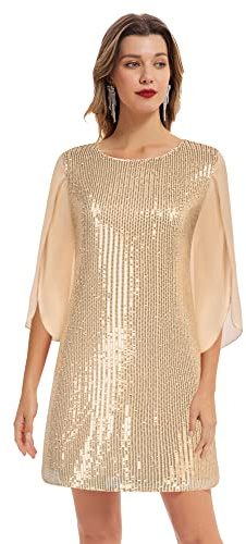 GRACE KARIN Femme Cocktail Robe à Paillettes Mi-Longue Décontractée à Manches 3/4 d'Été M Rose Or Sequin