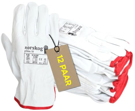 norskog PHLOX - Schutzhandschuhe 12 Paar Elastische Band Kanadischer Handschuhe aus Rindsleder Arbeitshandschuhe für Fahrer & Montage ISO, CE PSA CAT II, EN 420, EN 388 (12,8)