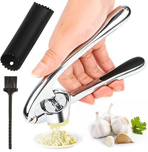 Knoblauchpresse, Knoblauchpresse Edelstahl Rostfrei Knoblauchschneider Garlic Press Mit Silikonschäler und Reinigungsbürste Leicht zu Drücken und zu Reinigen(Silber)