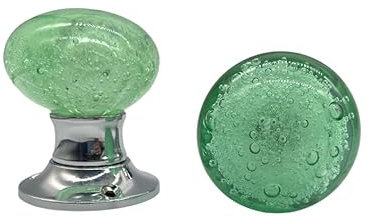 Door Knobs, Interior Doors, Brass Large Bubble Glass mortice in Chrome Finish, Complete with Square Spindle bar and Fixing. (Pair) (Marine Green)