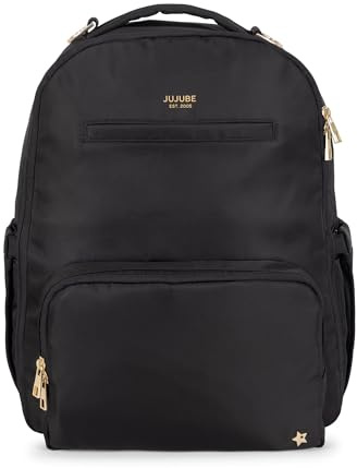 JuJuBe New Classic Diaper Bag Backpack with Portable Changing Pad, Stroller Straps, Large Travel Backpack for Boy or Girl, Carrying Baby Bottles, Wipes, Diapers, Pacifiers, Black, Mothers Day GIft
