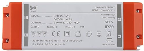 SeKi 24 V DC 75 W 3,12 A, driver LED a tensione costante TRIAC dimmerabile, trasformatore, alimentatore di commutazione; nessun carico minimo, nessun rumore/sfarfallio LED, approvazione MM