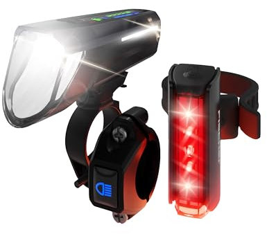 FISCHER Fahrrad LED-Akku Beleuchtungs-Set Twin Stop 100 +80 Lux Fernlicht, mit Sensormodus, Lange Leuchtdauer, stabiles Aluminium-Gehäuse, schwarz, 1 Stück