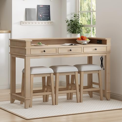 Merax 4 -Piece Farmhouse Dining Table Set with USB Charging/Drawers Wood Table with 3 Cushion Stool for Kitchen Dining Room Natural Wood Wash