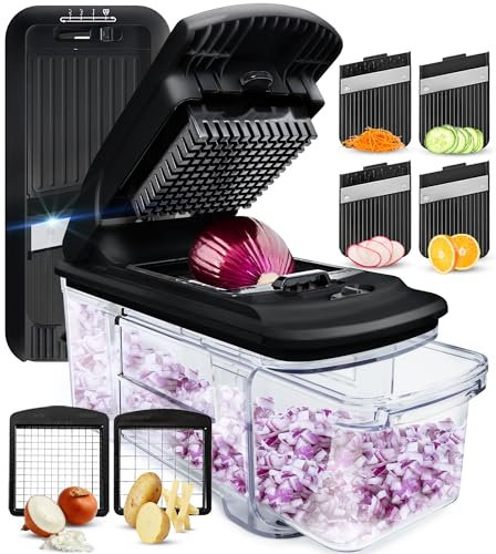 Fullstar Mandoline pour cuisine – Hachoir à légumes, oignons, pommes de terre, légumes, fruits et légumes avec récipient, gadgets de cuisine et cadeaux, essentiels pour la maison (4 en 1, noir)