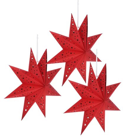 DEARMAMY 3 Stück Weihnachtsstern-Laternen-Lampenschirme 9 Spitze Stern-Papierlaternen Hängende Dekorationen Papier-Stern-Laternen-Lampenschirm Für Hochzeit Party Weihnachtsbaum (Rot)