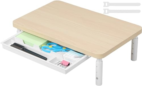 ETHU Wood Monitor Stand Riser Height Adjustable with Storage Drawer, Oak | Solid Wood Desktop Organiser with 3 Height Settings, Ergonomic Computer Monitor Shelf for Home Office Desk