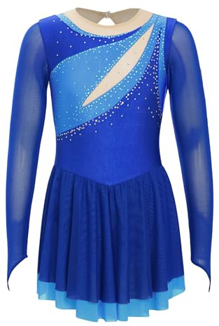 CHICTRY Eiskunstlauf Kleid Mädchen Kinder Langarm Strass Glitzer Rollschuhkleid Königsblau 134-140