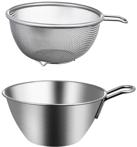 TOPBATHY Bol à riz avec poignée, passoire et bac en acier inoxydable pour égoutter les fruits et légumes, stockage des aliments, chauffage au micro-ondes, 15 x 12 x 5,59 cm