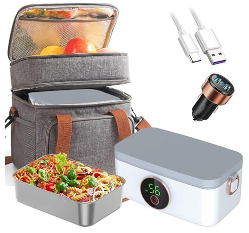 MeLtor Fiambrera Electrica Coche Recargable E Inalámbrico, Fiambrera Acero Inoxidable Portátil Y Con Batería De 16000 mAh, Fiambrera Acero Inoxidable