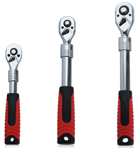 LEONTOOL 3 Piece Extendable Ratchet Wrench Set 1/4 3/8 1/2 Inch Drive 72-Tooth Quick-Release Retractable Socket Wrench Reversible Ratcheting Wrench Mechanical Tools, CR-V, Soft Grip Handle Hand Tool