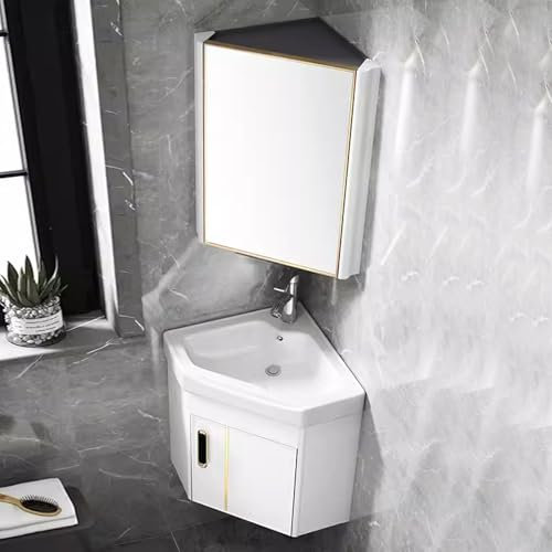 DYUNCZ Esquina Mueble Baño con Lavabo de Cerámica y Armario con Espejo, Conjunto Mueble Baño Suspendido, Esquina Lavabos Pequeños con Grifo y Desagüe, for Espacios Pequeños(Bianco,38cm/15)