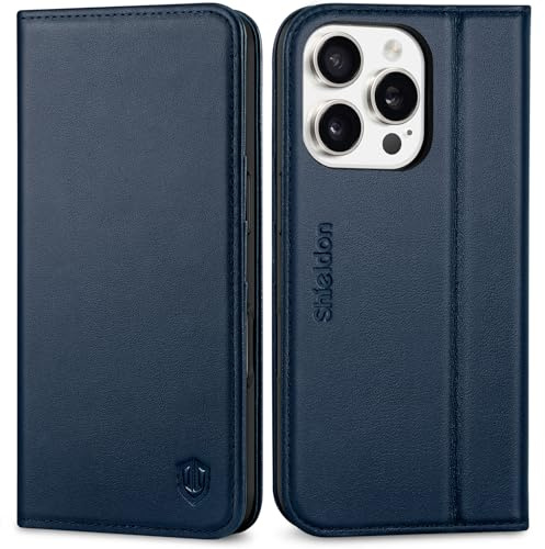 SHIELDON Echtleder Hülle für iPhone 16 Pro 6,3 5G 2024, Marineblau | RFID Blocker, Kartenfach, TPU Handyhülle, Magnetische Klapphülle, Kartenhalter, Stoßfest, Ständer, Lederhülle