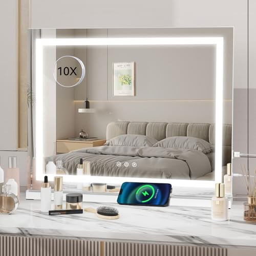 YU YUSING Espejo Maquillaje con Luz, 58 x 48cm, 3 Modos Iluminación Regulables, Espejo Tocador, Espejos de Mesa, Controles Táctiles, Cargdor USB, 10X, Vanity Mirror Tocador Dormitorio, Rectangular