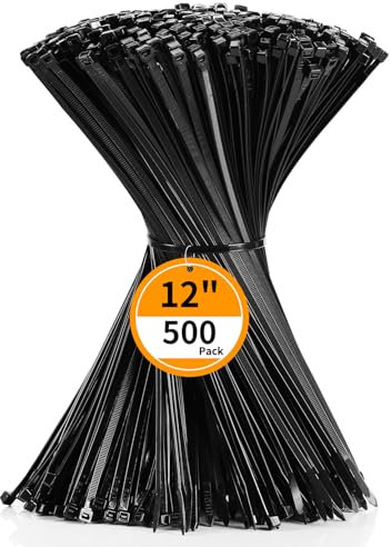 Cable Zip Ties 12 inch Cehony 500 Pack Black Cable Ties 300mm x 4.5mm Heavy Duty 50lbs Tensile Strength Nylon Plastic Zip Ties for Outdoor Multi-Purpose Self-Locking UV Resistant Wire Ties Wraps
