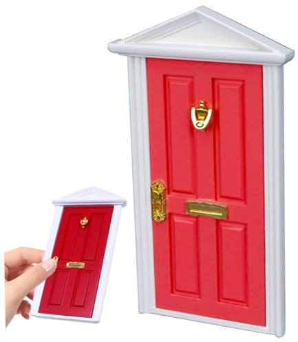Dollhouse Door Artificial 4x7 Inch Wooden Realistic Doll House Door with Pointed Top Red Miniature Door for Dollhouse, Fairy Garden, Microlandschaft,Doll House Door