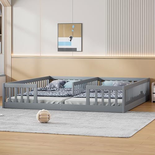 WIZBED Kindebett Bodenbett 90x200 cm für 2 Kinder mit rausfallschutz, ohne Lattenrost, Einzelbetten 2-in-1, Holz Geschwister Bett, Massivholz Bodentief, Montessori Gitterbett (Grau, 90x200)