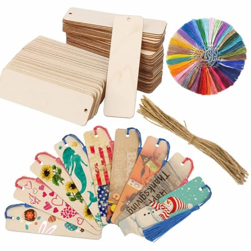 108 Stück Lesezeichen Holz Set,36 Blanko LesezeichenBasteln,36 Quasten,36 Hanfseile für DIY Lesezeichen Handwerk Geschenke Tag (108)