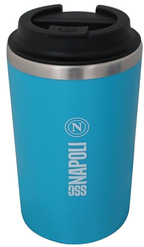 SSC NAPOLI Tazza da Viaggio In Acciaio Inox, Coperchio Ermetico, Anello Pieghevole, 350 ml