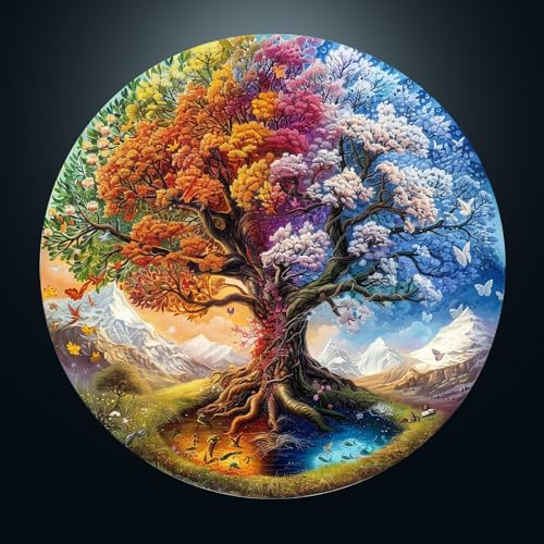 CHARMIBLE Puzzle 1000 Teile Erwachsen, 1000 Teile Baum des Lebens Impossible Rundes Puzzle, 67.5x67.5cm Blaue Papierkarte Unregelmäßige Einzigartige Jigsaw für Familie Freunde
