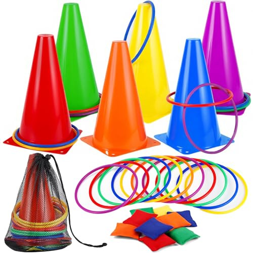 Loppdece 30 Stück Ringwurfspiel, 3-in-1 Wurfspiel Outdoor Spiele Set, 3 in 1 Kinderparty Wurfspiele mit Verkehrskegel Sitzsäcke Wurfringe, Ringwurfspiel für Kindergeburtstag, Party, Outdoor-Spiele