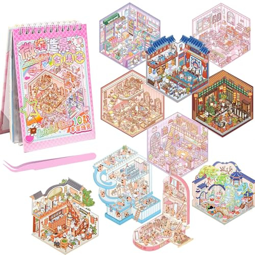 lomdung 10 Sets 3D House Stickers, Sticker Book mit Pinzette | Miniatur Haus Sticker 3D mit Pinzette, Fun DIY Stickers Scene, Relief Stress für Erwachsene und Kinder
