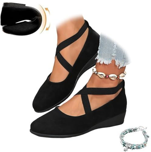 Women's Crisscross Strap Wedge Shoes,Womens Round Toe Ballet Wedge Dress Shoe Elegant Suede Comfy Slip-On Shoes (Black,7)