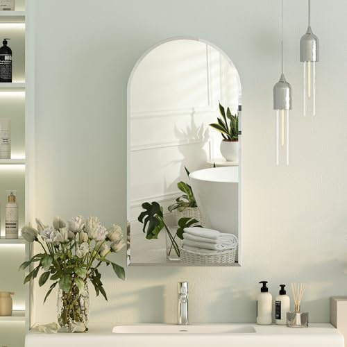 Mepplzian Bathroom Mirror Cabinets,Arched Bathroom Cabinets with Mirror | Beveled Edge,Frameless HD Copper-Free Sliver Mirrored Cabinet Wall Mounted & Recess,Wall Cabinet with 3 Adjust Shelves 40x80