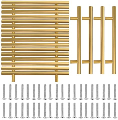aleawol 20pcs Gold Cabinet Handles, 128mm Hole Center, 200mm Overall Length | Brushed Brass Kitchen Drawer Pulls, Cupboard Door T Bar Wardrobe Handles Drawer Pulls for Furniture Kitchen Bathroom Dresser