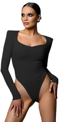 XFSRG Manga Larga Body Mujer Cuello Cuadrado Sexy Bodies Bodysuit Top Leotardo Elástico Jumpsuit Tops Casual Stretch Lencería para Uso Diario Citas Viajes(negro L)